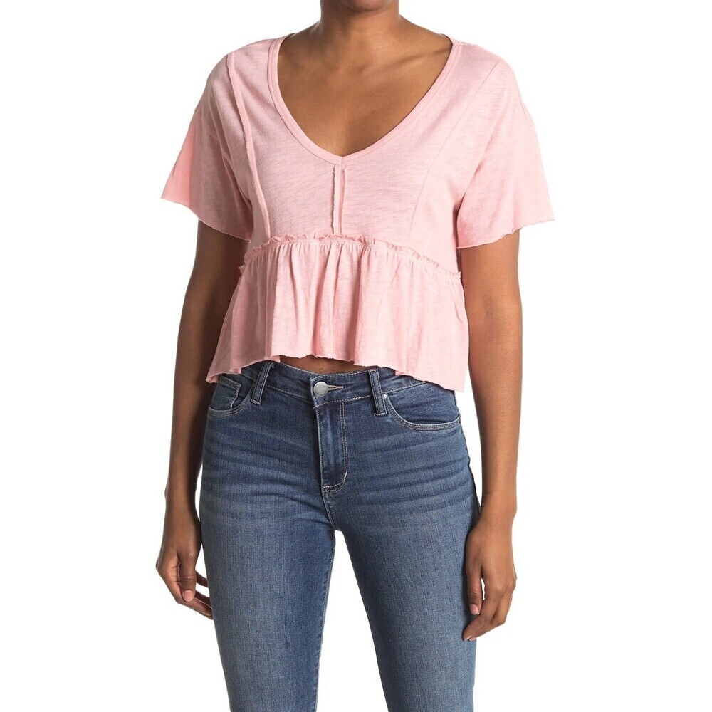 Abound Short Sleeve Babydoll V-Neck Tee In Pink Size M